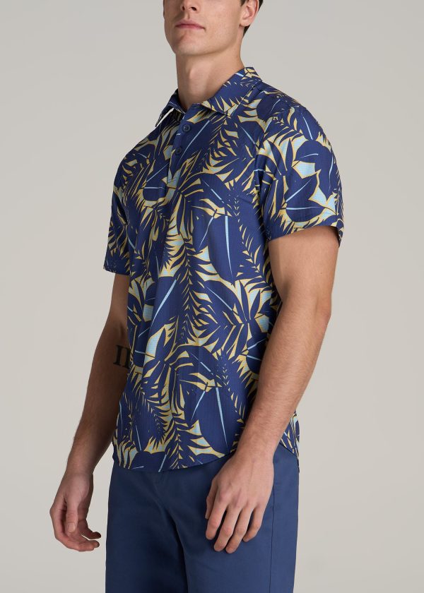 Coastal Perforated Tall Men's Polo Shirt in Twilight Blue Palms - Image 3