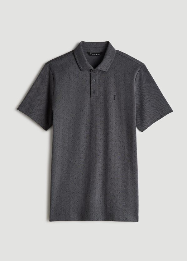 Cotton Stretch Print Polo Shirt for Tall Men in Charcoal Pindot - Image 6