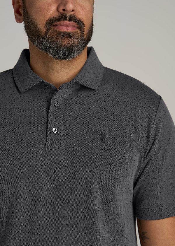 Cotton Stretch Print Polo Shirt for Tall Men in Charcoal Pindot - Image 2