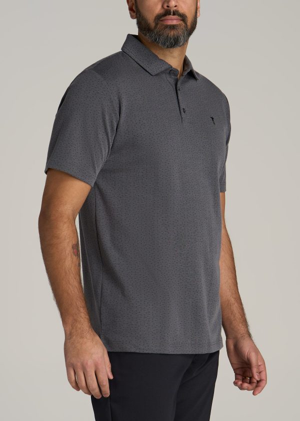 Cotton Stretch Print Polo Shirt for Tall Men in Charcoal Pindot - Image 3