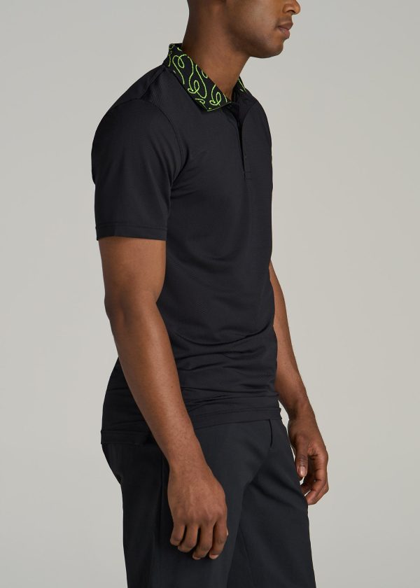 Jacquard Knit Collar Golf Polo Shirt for Tall Men in Black - Image 3