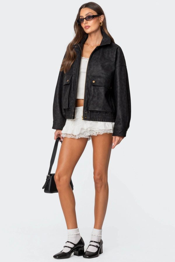 Cargo Faux Leather Bomber Jacket - Image 2