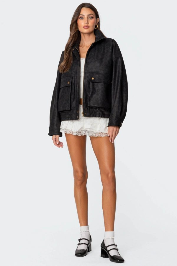 Cargo Faux Leather Bomber Jacket - Image 4