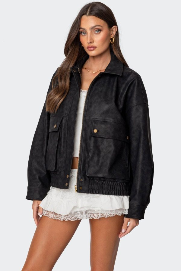 Cargo Faux Leather Bomber Jacket - Image 3