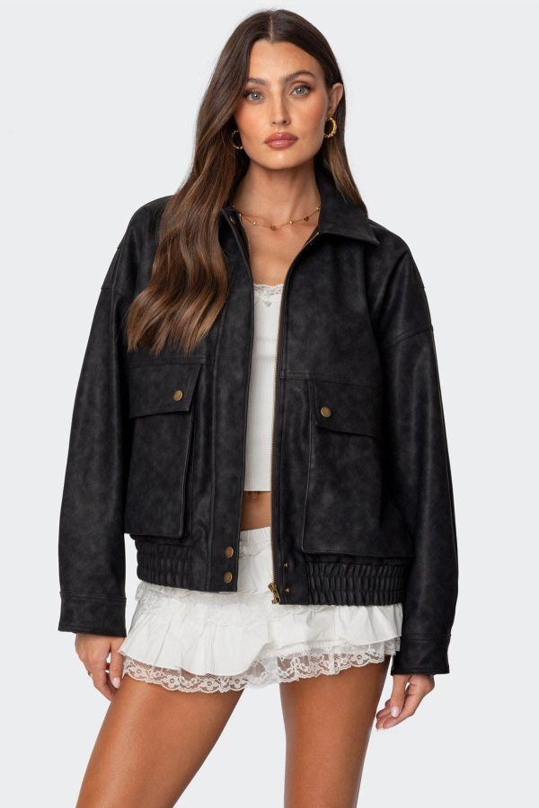 Cargo Faux Leather Bomber Jacket