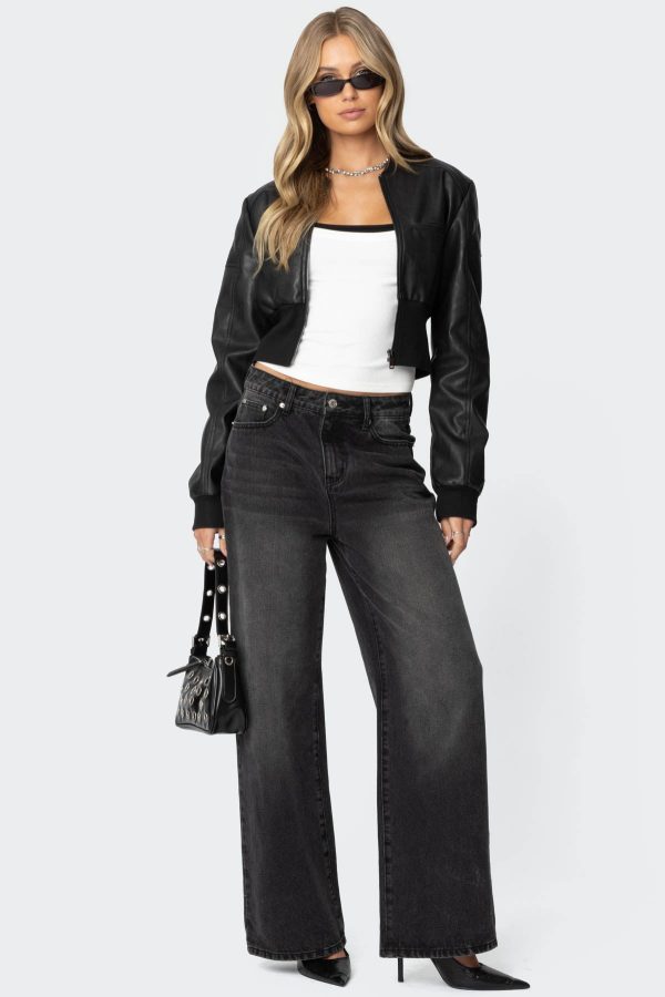 Cropped Faux Leather Bomber Jacket - Image 4