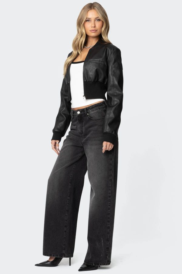 Cropped Faux Leather Bomber Jacket - Image 3