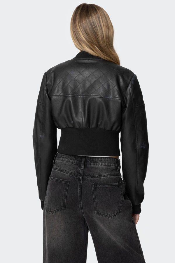 Cropped Faux Leather Bomber Jacket - Image 5