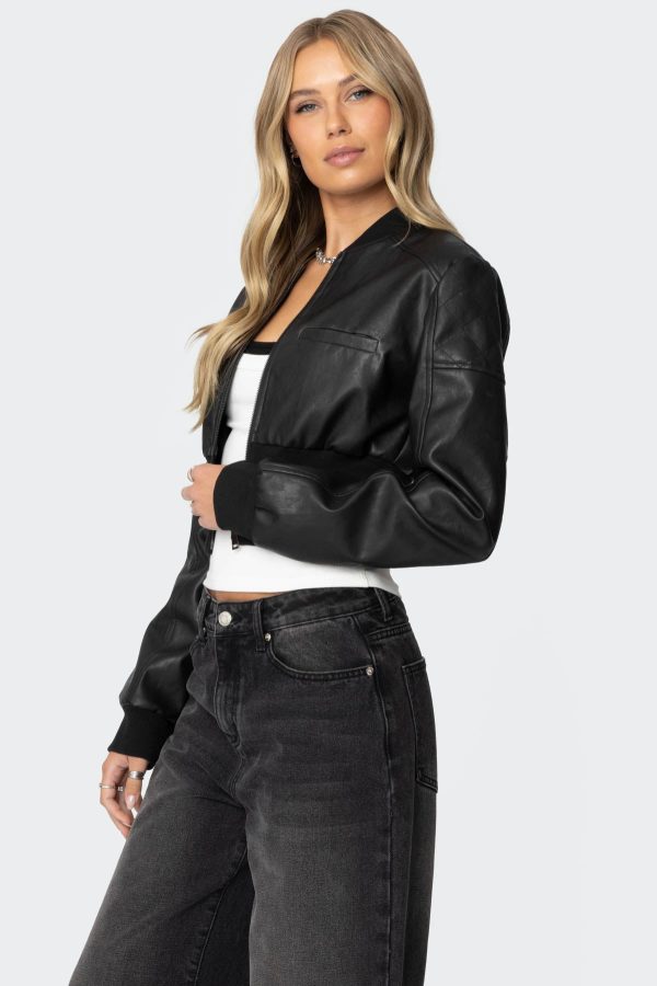 Cropped Faux Leather Bomber Jacket - Image 2