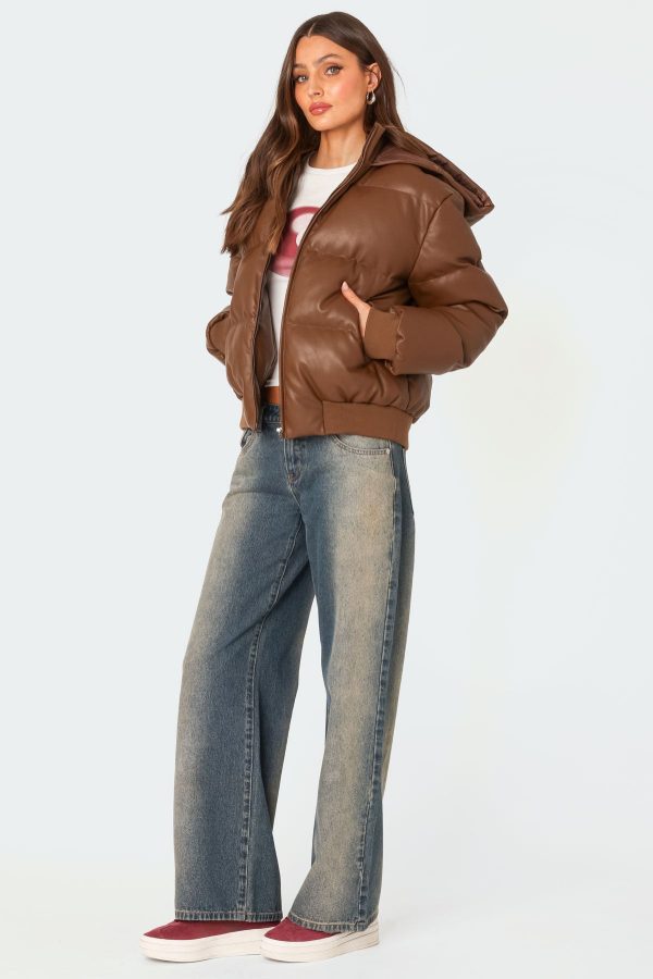 Wintry Faux Leather Hooded Puffer - Image 2