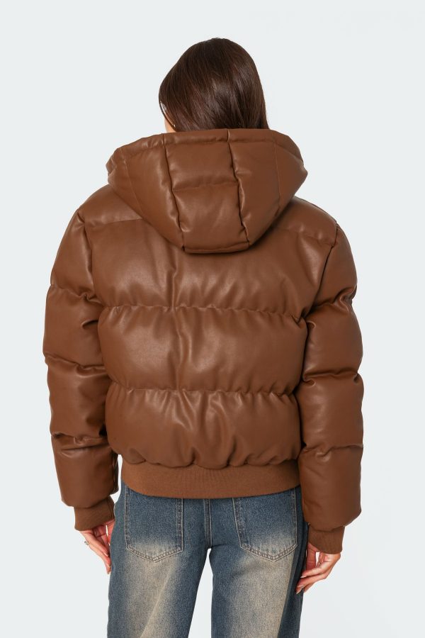 Wintry Faux Leather Hooded Puffer - Image 4