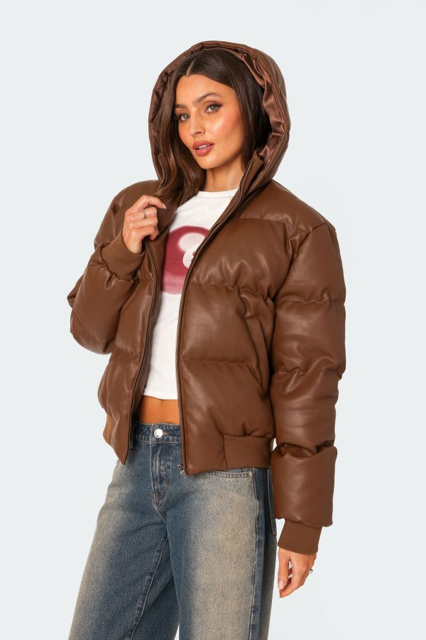 Wintry Faux Leather Hooded Puffer - Image 3