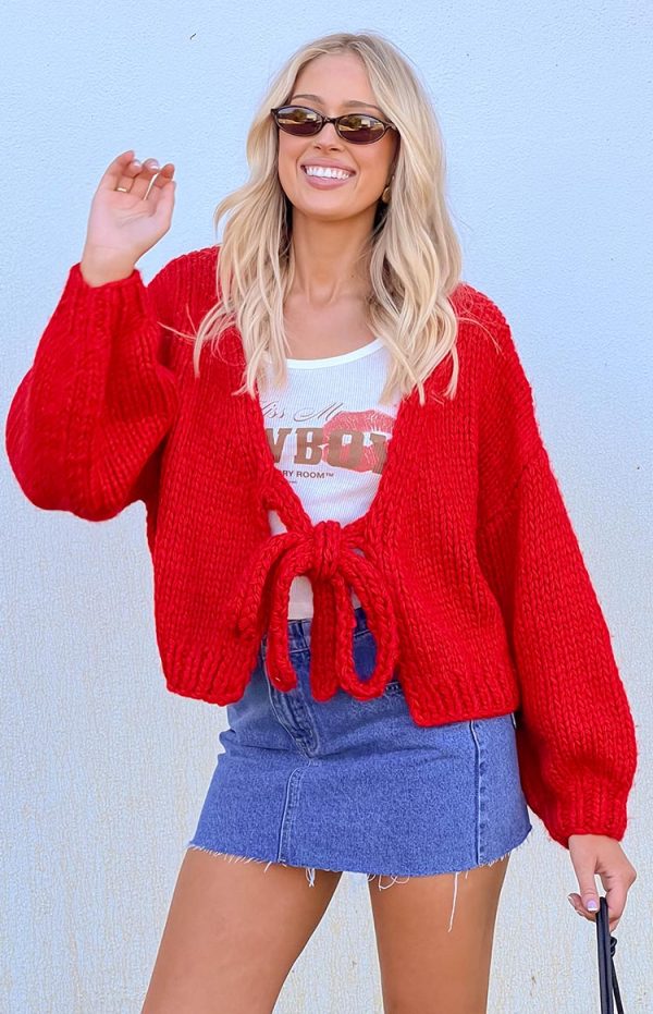 Holiday Red Tie Up Knit Cardigan - Image 9