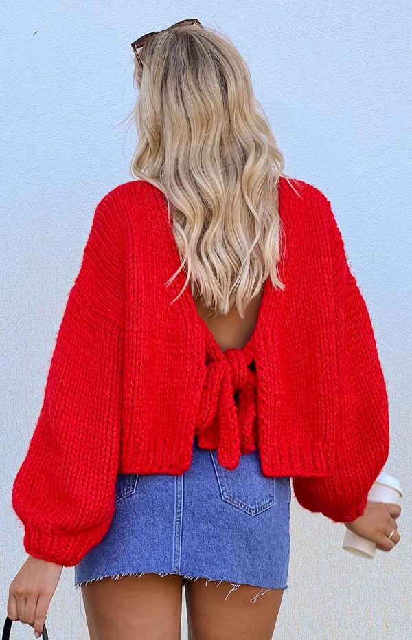 Holiday Red Tie Up Knit Cardigan - Image 11