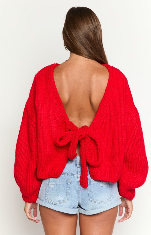 Holiday Red Tie Up Knit Cardigan - Image 5