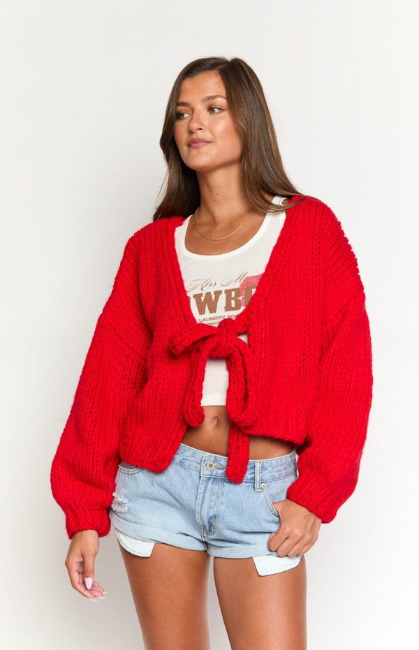 Holiday Red Tie Up Knit Cardigan - Image 8